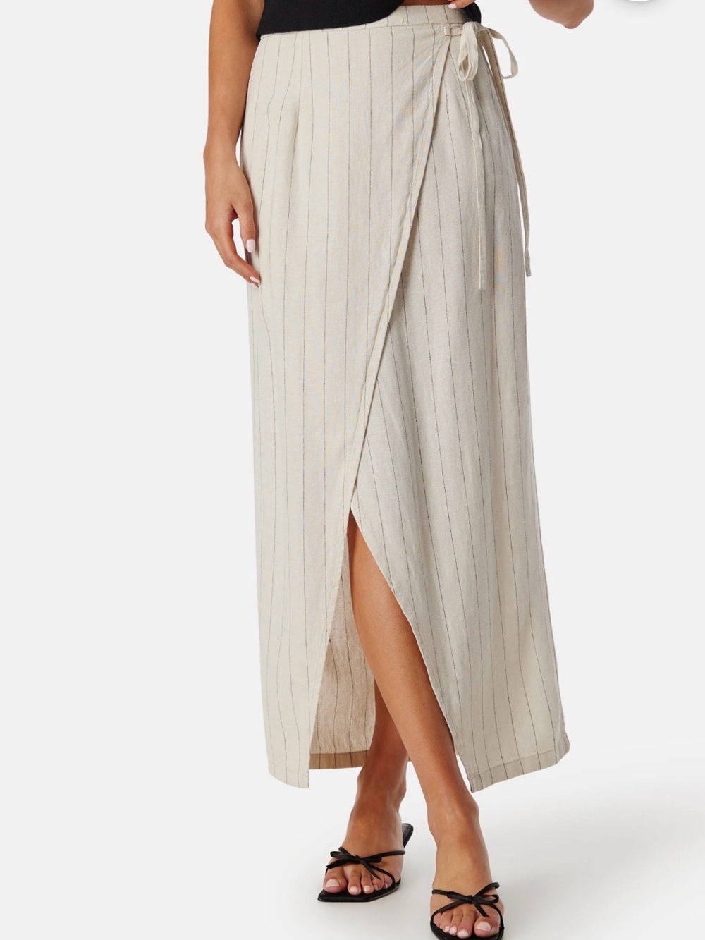Vero Moda Mindy Long Faux Wrap Linen Blend Skirt in Beige Black Stripe Size 10